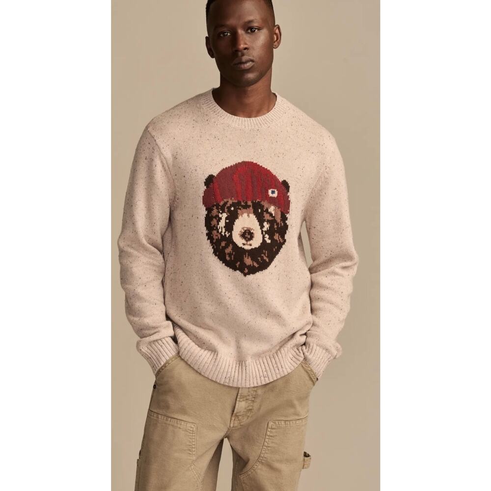 Lucky Brand Crew Neck Bear Intarsia Sweater Beige Men's L